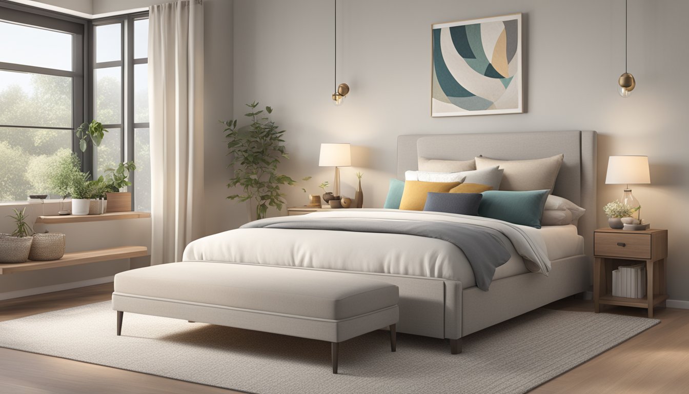A cozy bedroom with a simple, sleek single divan bed base, adorned with soft, neutral-colored bedding and a few decorative pillows