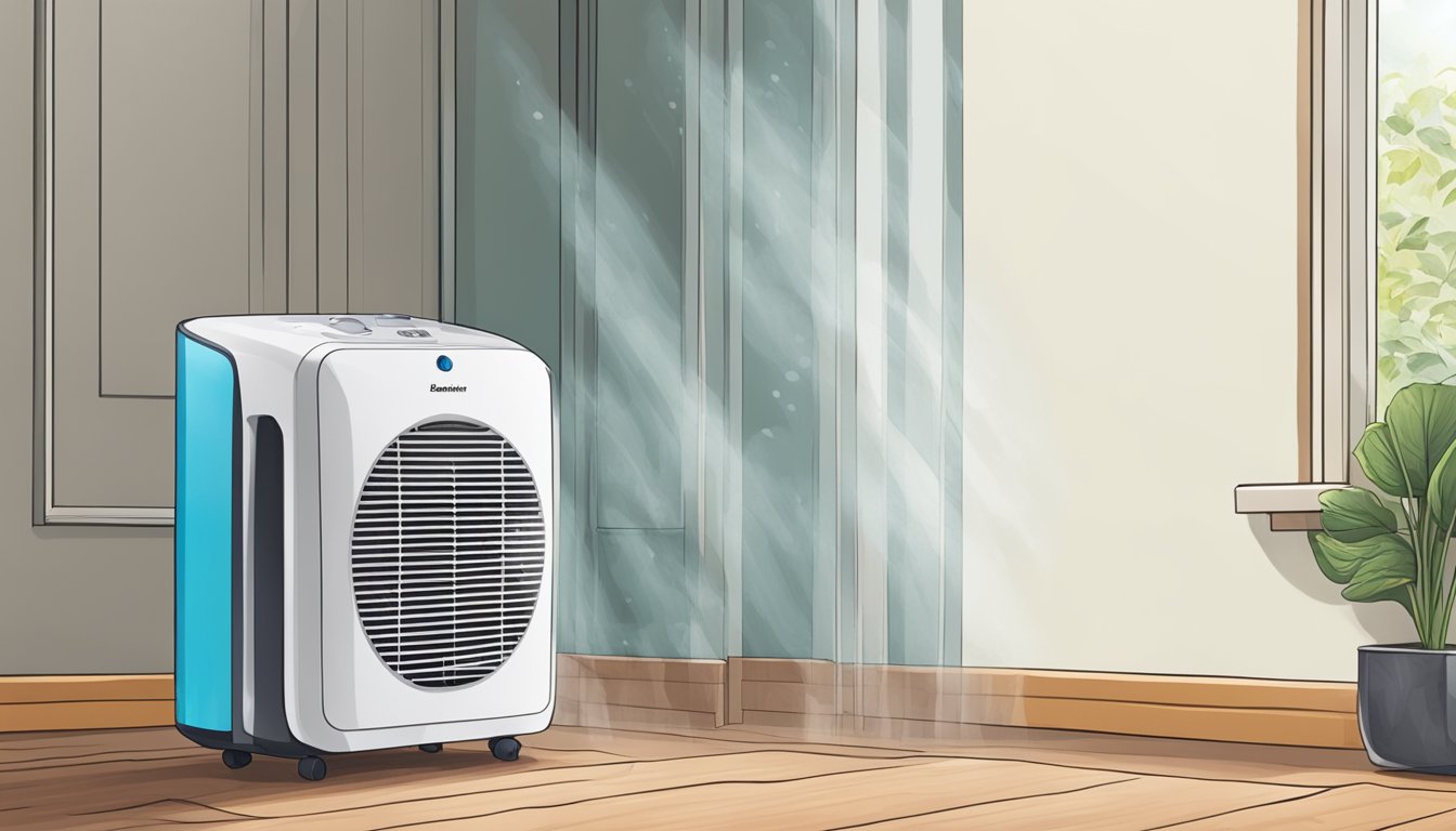 A dehumidifier sits in a corner of a room, drawing moisture from the air. The room feels cooler as the dehumidifier works to reduce humidity levels