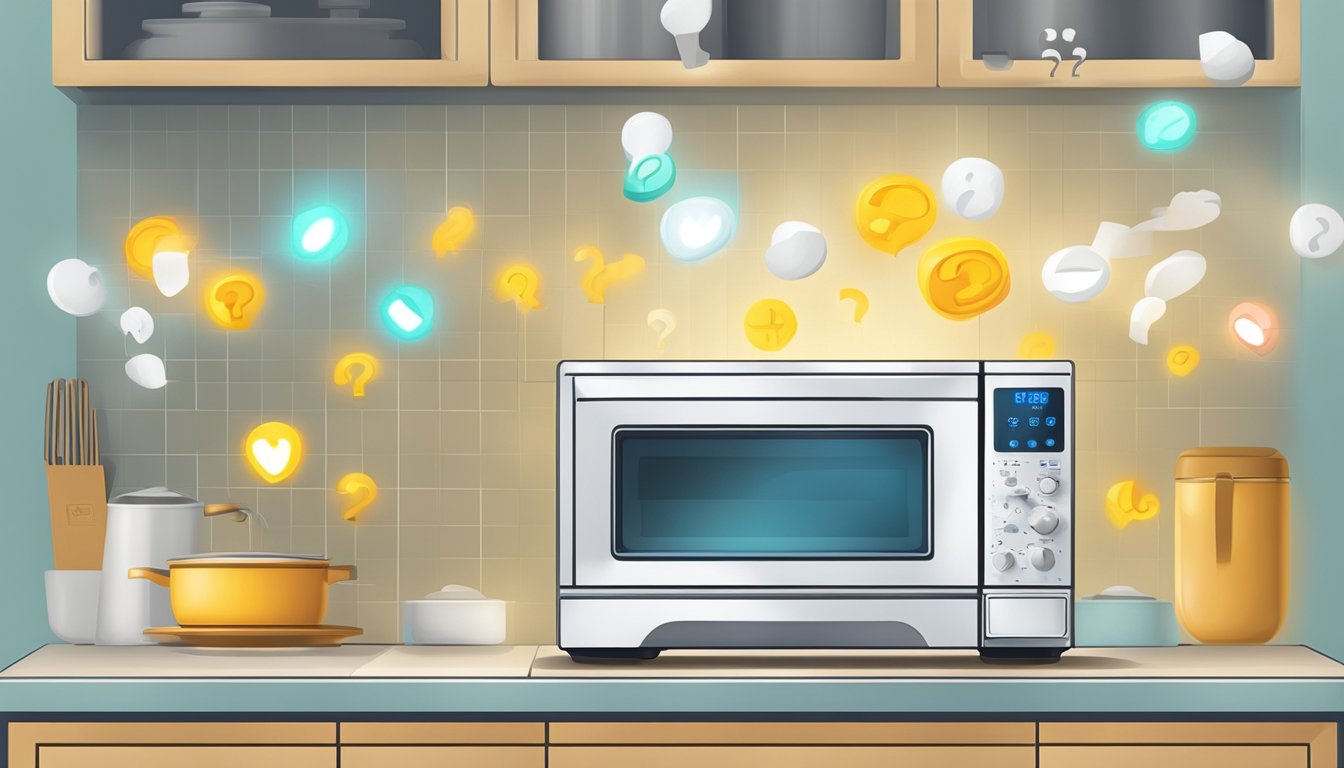 A microwave and electric oven face off, with question marks hovering above them