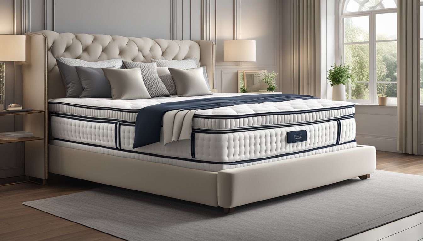 A king-size mattress, 183cm wide and 190cm long, sits in a spacious bedroom with luxurious bedding and elegant decor