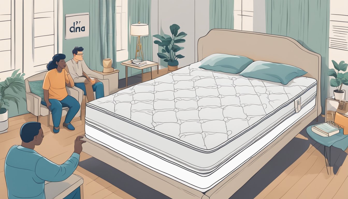 A king size mattress with dimensions labeled, surrounded by question marks and people reading a FAQ sheet