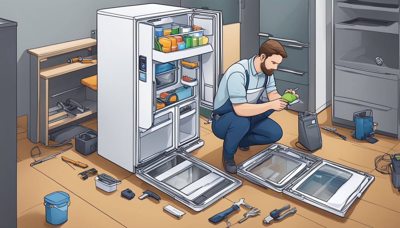 A technician repairing a Samsung fridge, tools and parts scattered on the floor, a focused expression on their face