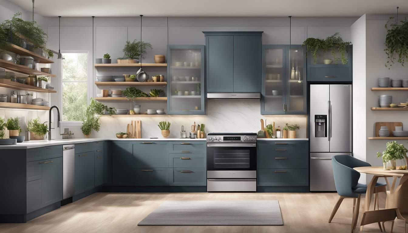 A modern kitchen with a sleek Samsung fridge as the focal point, surrounded by innovative appliances and stylish decor
