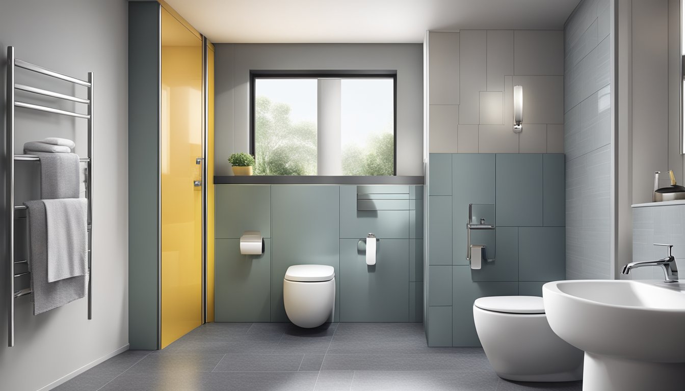 A sleek toilet in a modern bathroom, with a chrome toilet paper holder, a ceramic soap dispenser, and a stylish trash can in Singapore