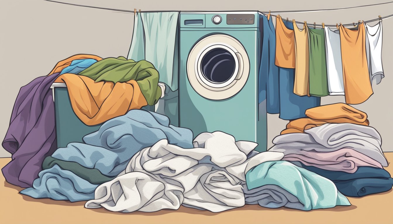 A pile of laundry with various fabrics (cotton, wool, silk, etc.) and a symbol with a line through it indicating no washing or care for those fabrics