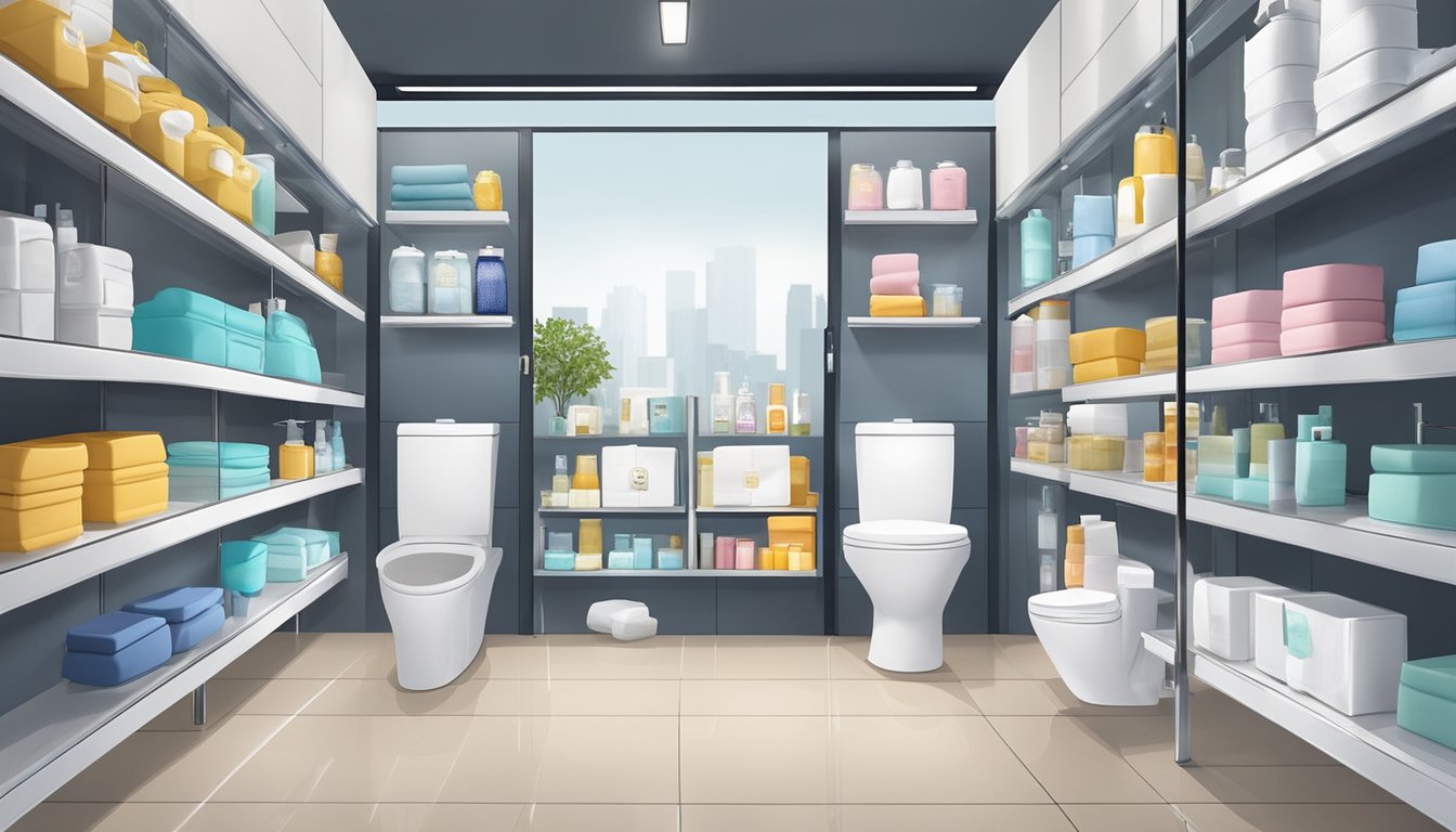 A display of various toilet accessories neatly arranged on shelves with clear signage and labels in a modern Singaporean bathroom setting