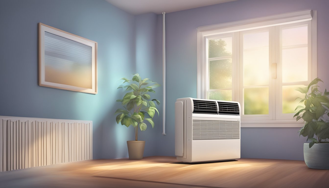 A switched off air conditioner with vents closed, surrounded by still and warm air