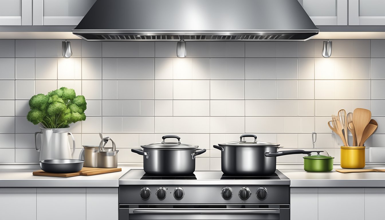 A stainless steel kitchen hob and hood are set against a clean, white tiled background, with pots and pans neatly hanging above