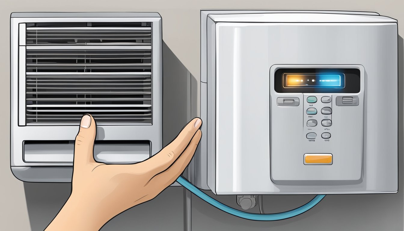 A hand reaches for the air conditioner's on/off switch. The cool air flows out as the unit hums to life