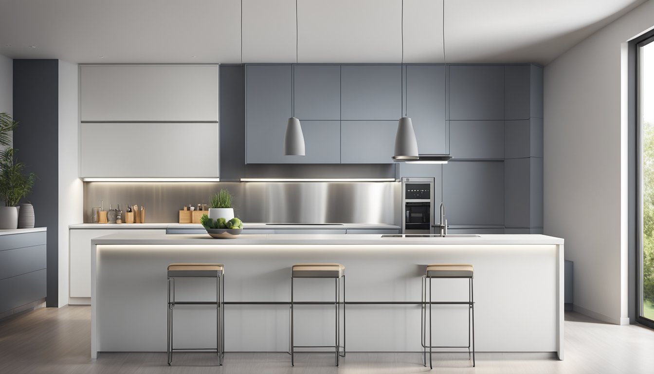 A modern kitchen hob and hood stand against a clean, minimalist backdrop, with sleek lines and stainless steel surfaces catching the light