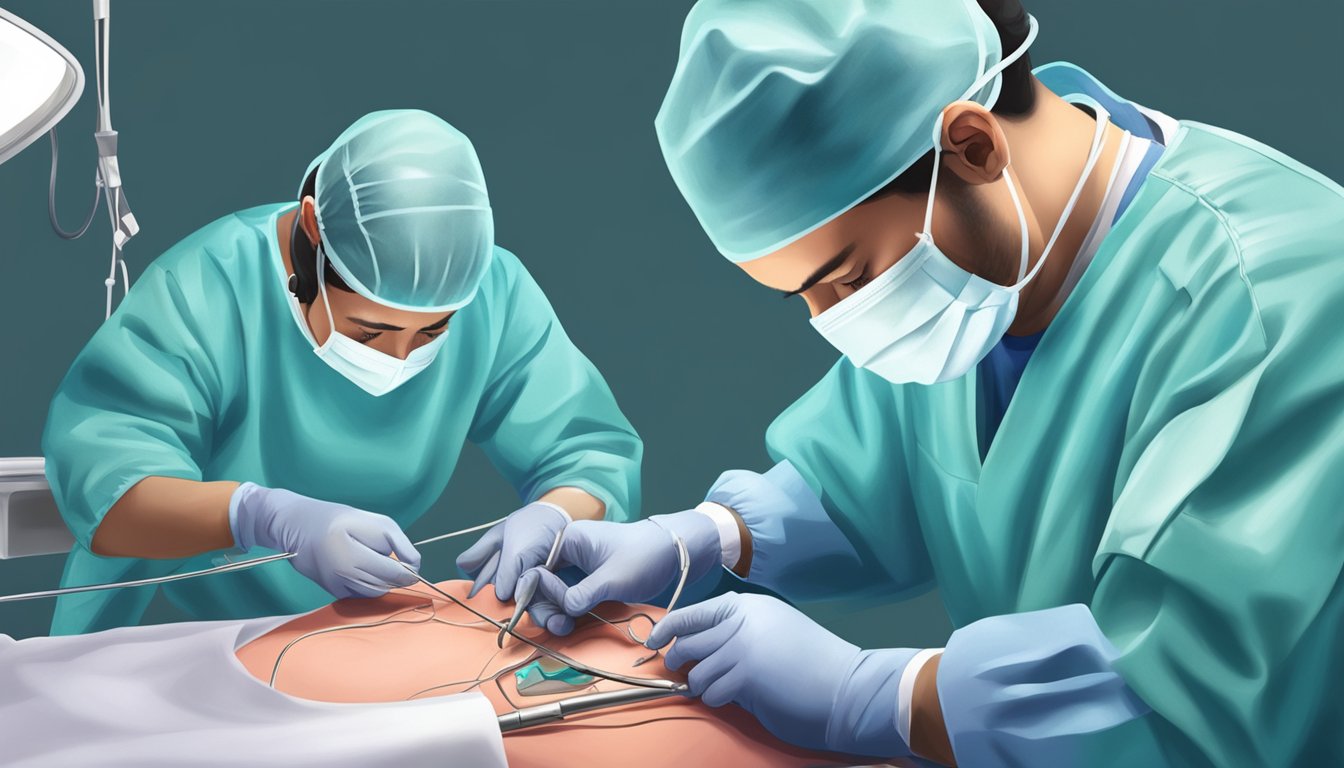 A surgeon carefully sutures a PDA in a beating heart during open-heart surgery