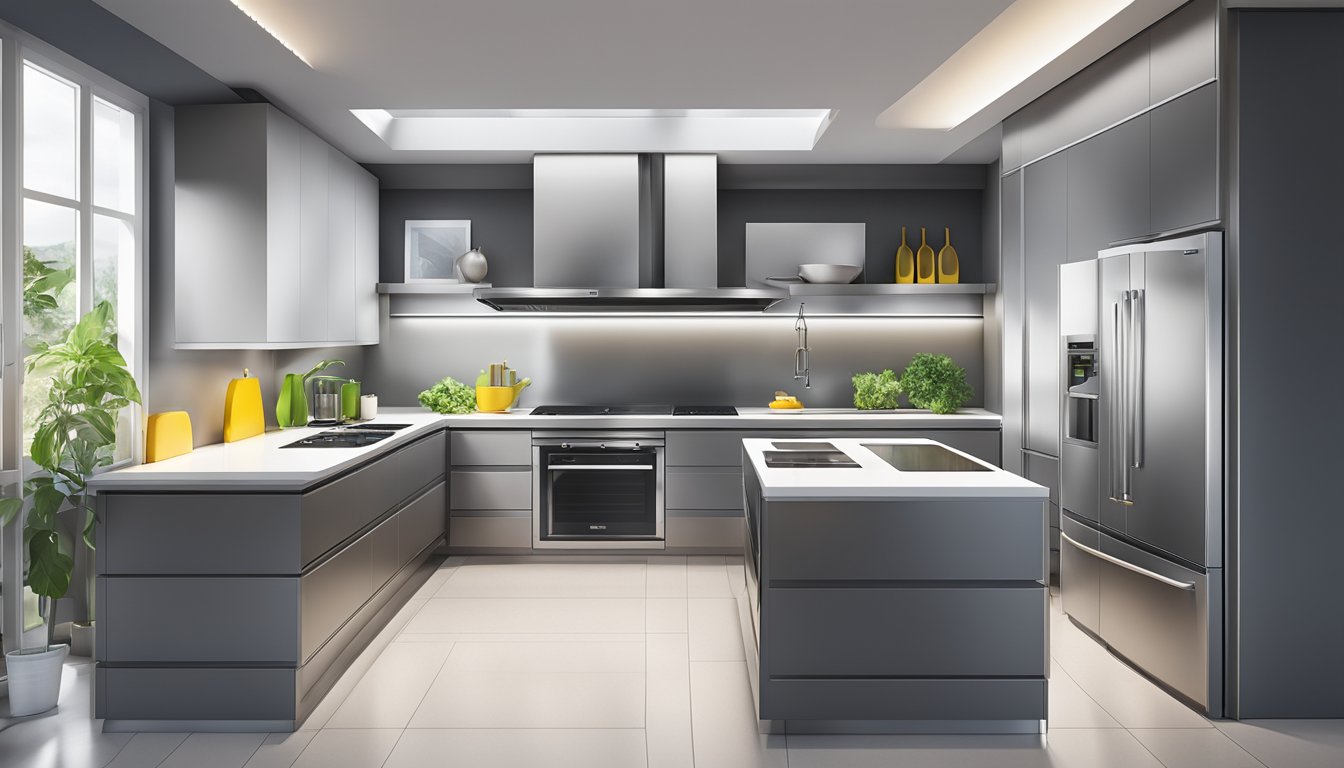 A stainless steel kitchen hob and hood in a modern kitchen setting, with overhead lighting and ventilation ducts