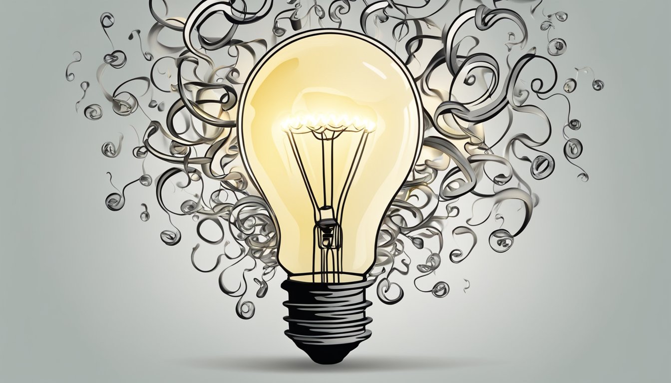 A group of question marks swirling around a light bulb, symbolizing the fusion of ideas and solutions in a FAQ concept