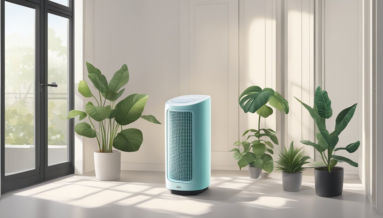 A dehumidifier sits in a corner, surrounded by potted plants and open windows. The device hums softly as it removes moisture from the air, creating a comfortable and fresh atmosphere in the room