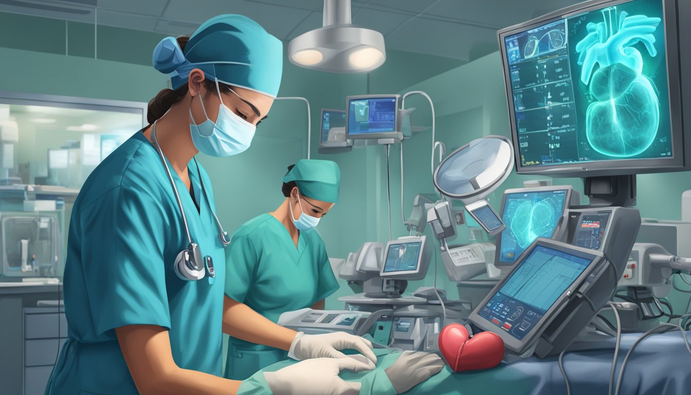 A surgeon in scrubs operates on a beating heart with a PDA defect while monitors display vital signs