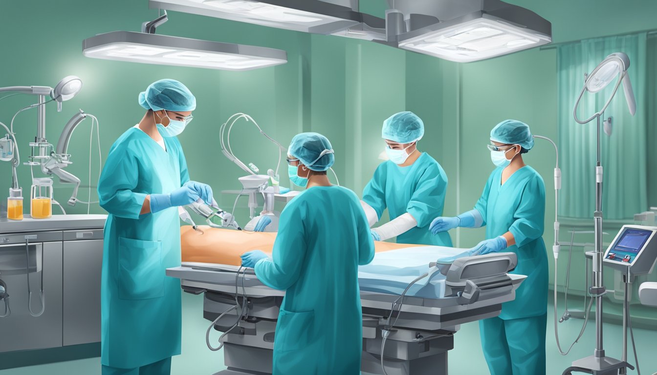 A surgical team performs PDA heart surgery, using various medical instruments and equipment in a sterile operating room