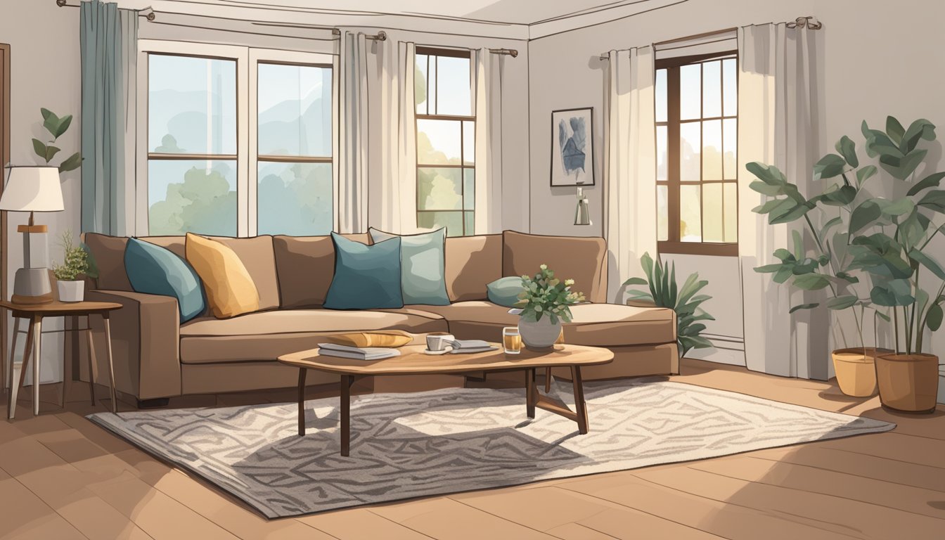 A cozy living room with a small L-shaped sofa nestled in the corner, adorned with throw pillows and a soft blanket. A low coffee table sits in front, with a warm rug underneath