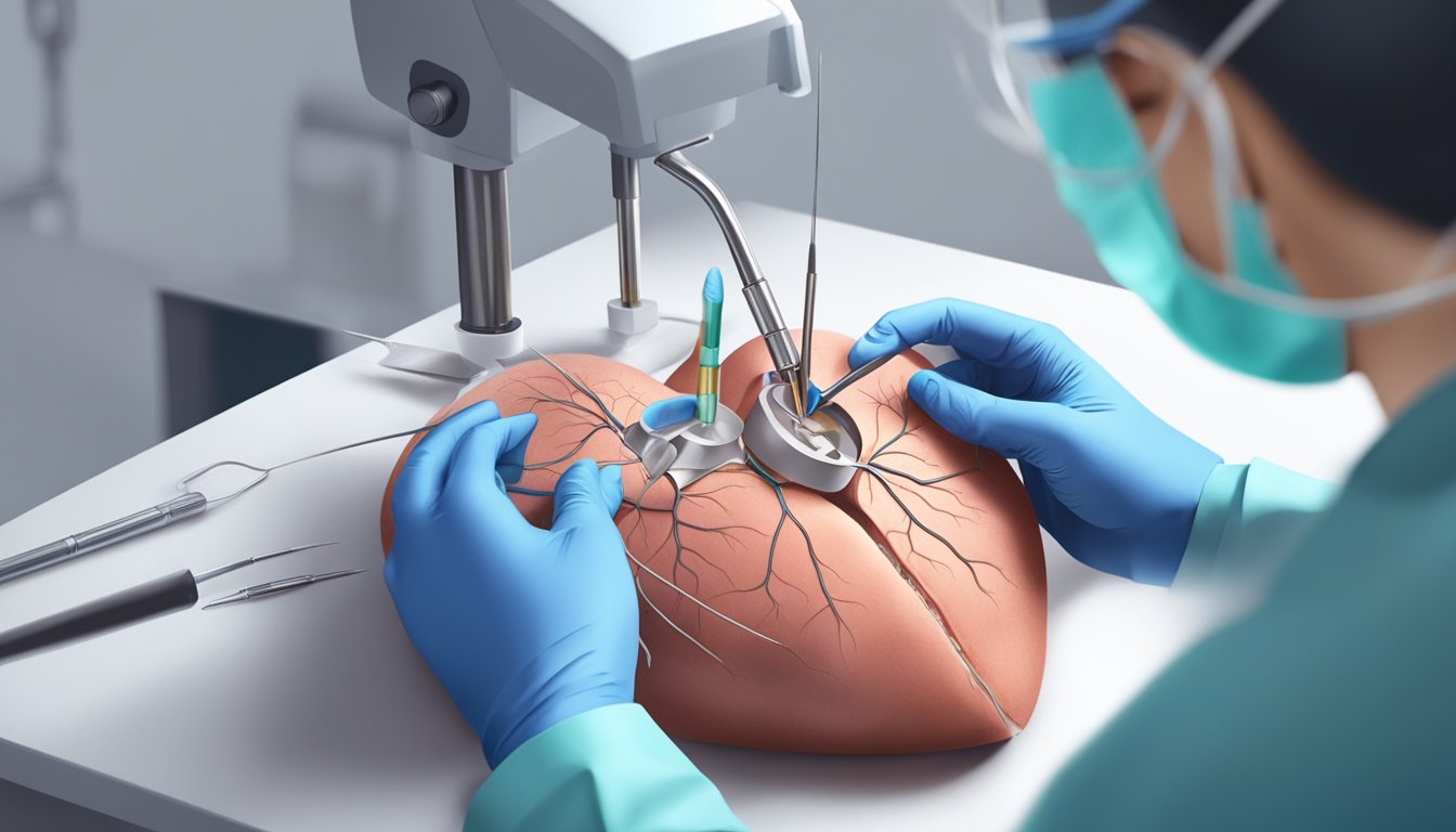 A surgeon carefully sutures the small opening in the heart, ensuring a successful closure and positive prognosis for the patient