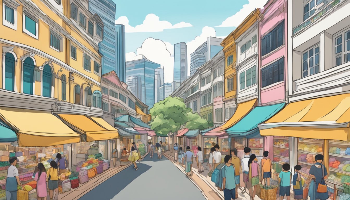 A bustling street in Singapore, lined with colorful storefronts displaying a variety of luxurious bedding options. Customers browse and shop, while vendors engage in friendly conversations with passersby