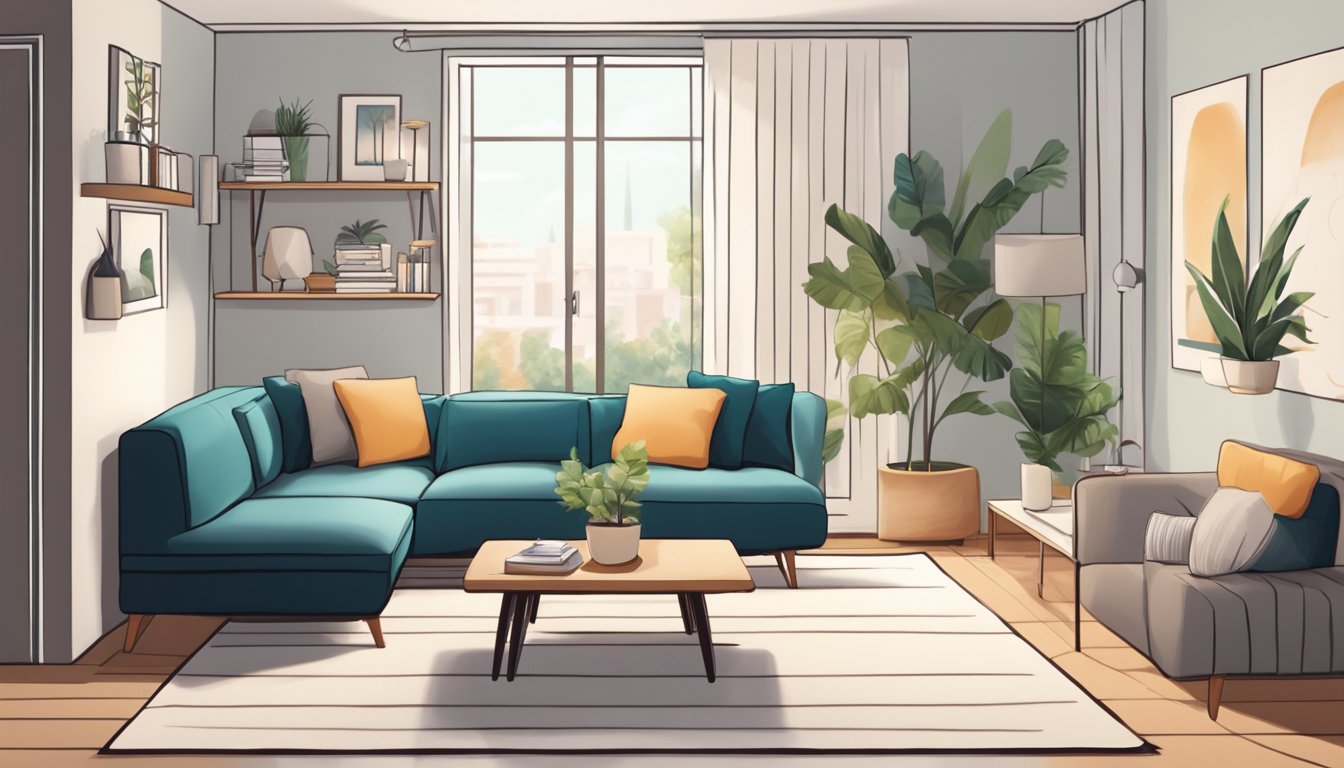 A person places a small L-shaped sofa in a cozy apartment living room, arranging pillows for comfort and style