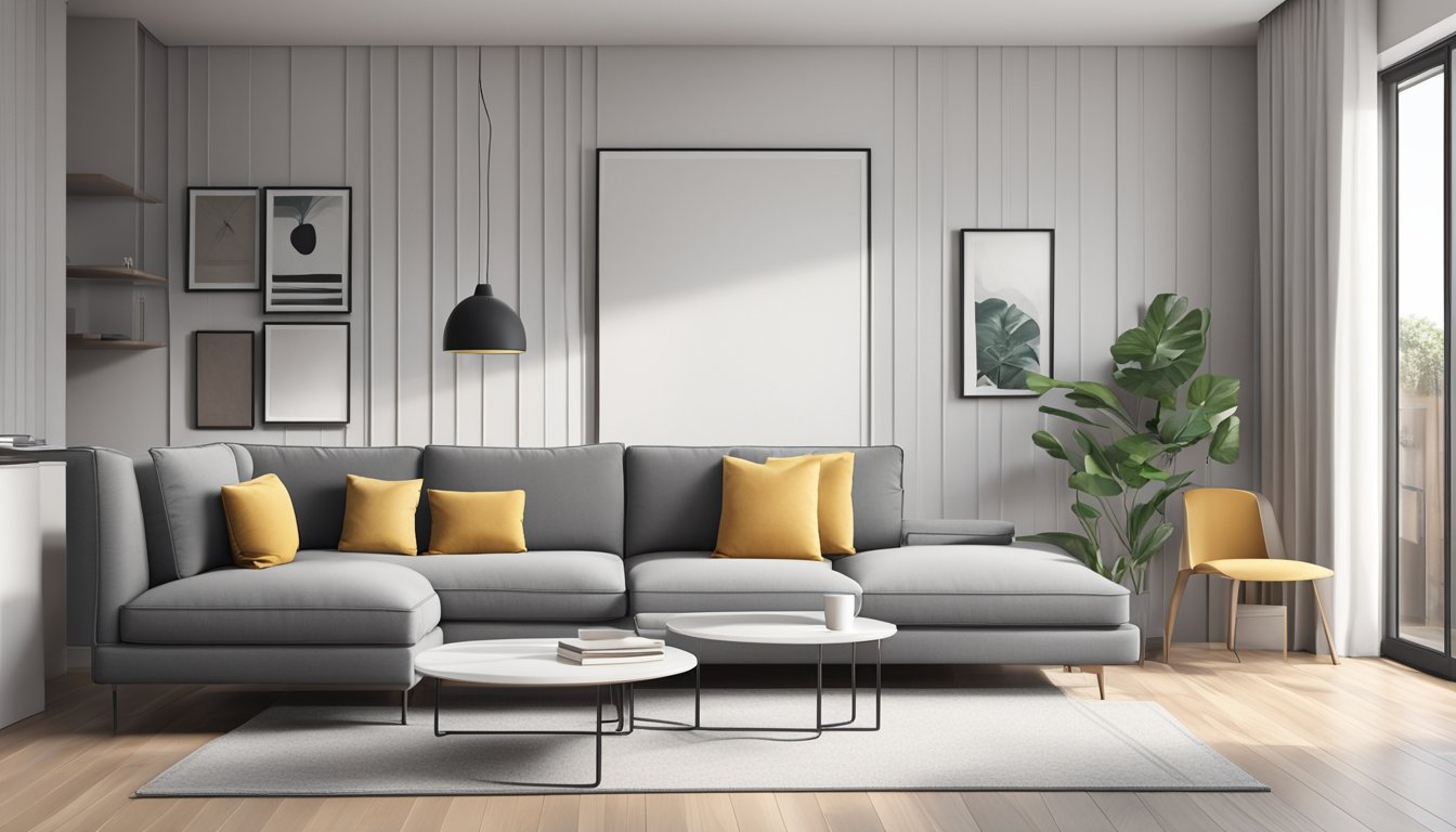 A small L-shaped sofa in a modern apartment with clean lines and minimalistic design. The sofa is positioned in the corner, with a small coffee table in front