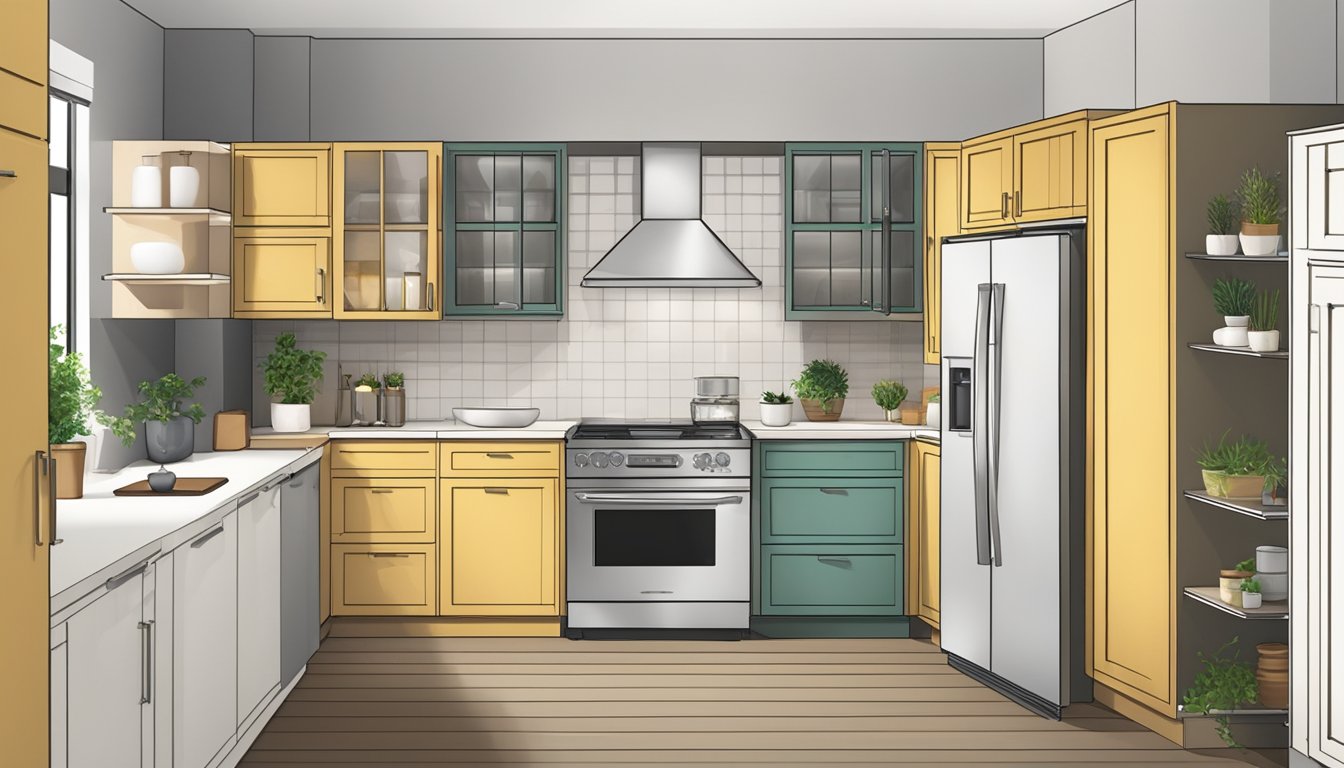 A person selects from a variety of ready kitchen cabinets displayed in a showroom