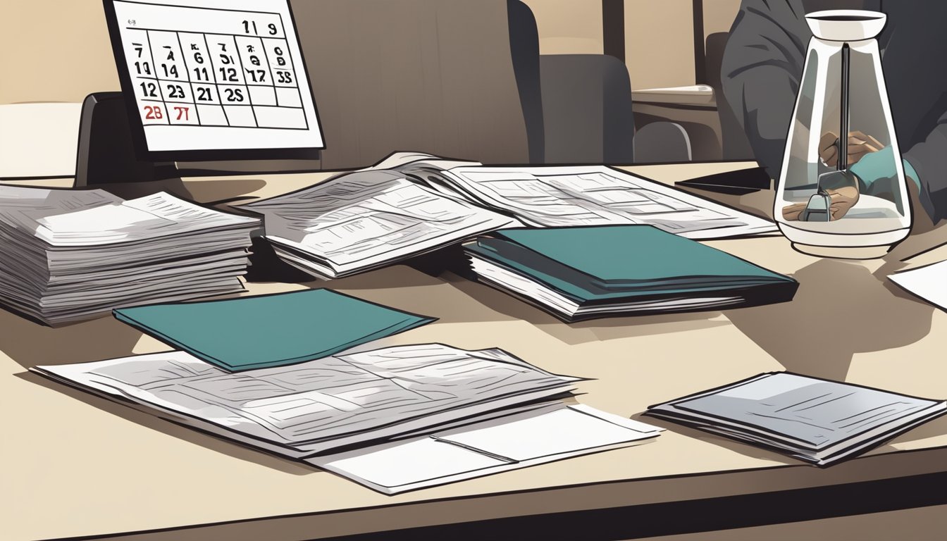 A table with a calendar, clock, and various funeral planning documents spread out. A person's silhouette in the background
