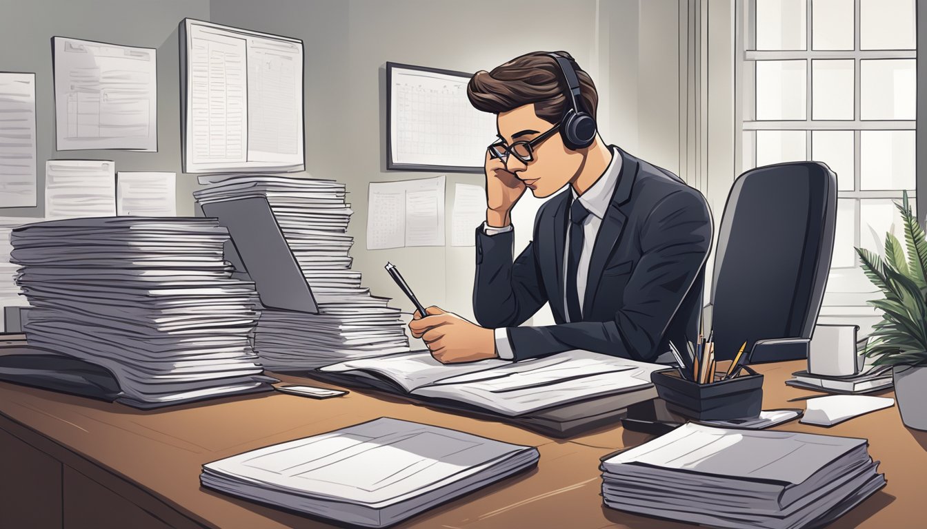 A funeral planner sits at a desk, surrounded by paperwork and a calendar. They are making phone calls and taking notes, with a serious and focused expression on their face