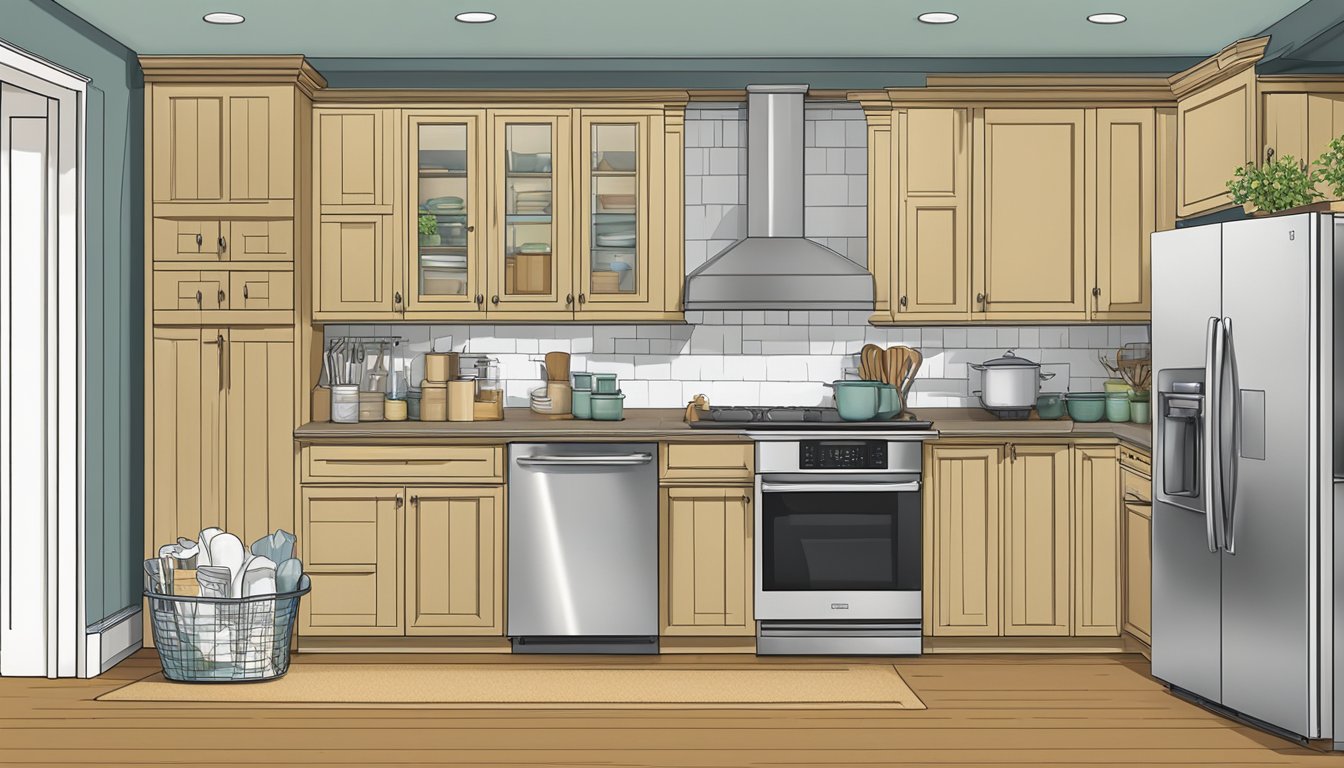 The kitchen cabinets are neatly organized and labeled, with various items stored inside. The FAQ booklet is placed on the countertop, next to a stack of neatly folded kitchen towels