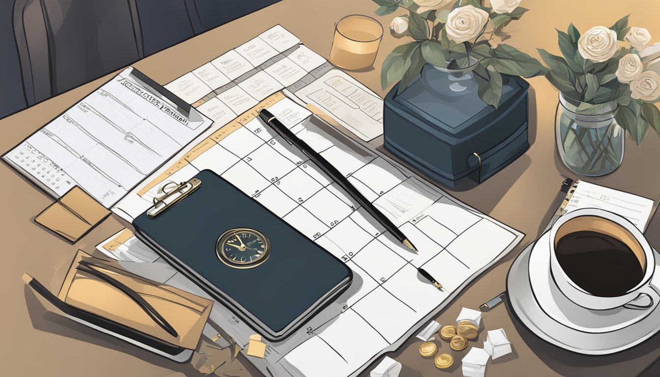 A table with funeral planning materials spread out, including a calendar, pen, and phone. A somber atmosphere with soft lighting and a sense of urgency