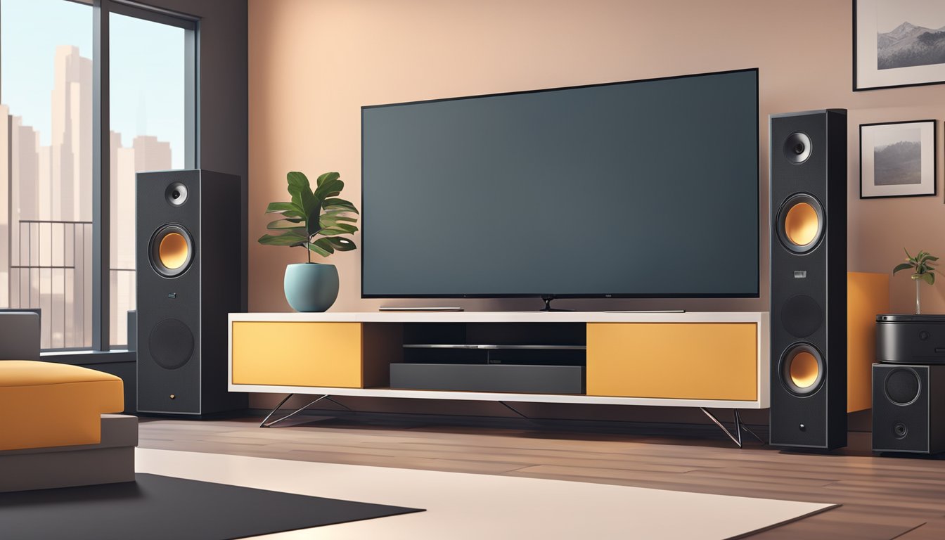 A sleek TV console with a large flat-screen TV, surrounded by speakers and a gaming console, sits against a modern backdrop