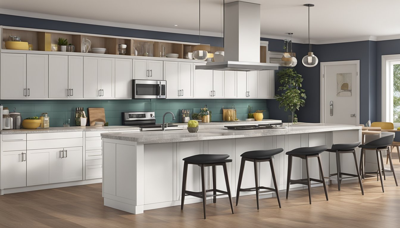 A modern kitchen island with sleek countertops and built-in storage, surrounded by pendant lights and barstools