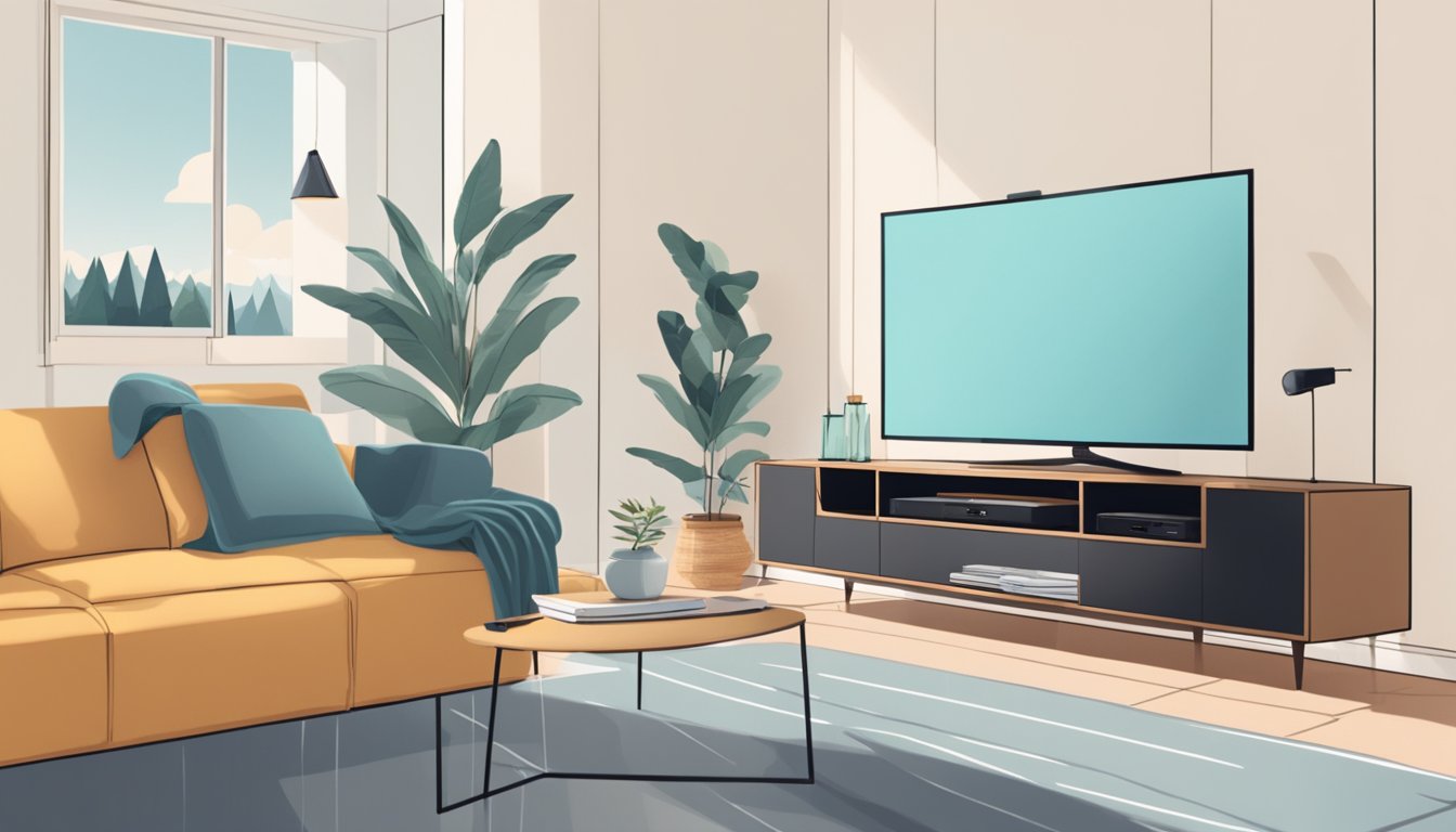 A person placing a sleek TV console in a modern, well-lit living room with minimalistic decor and a cozy atmosphere