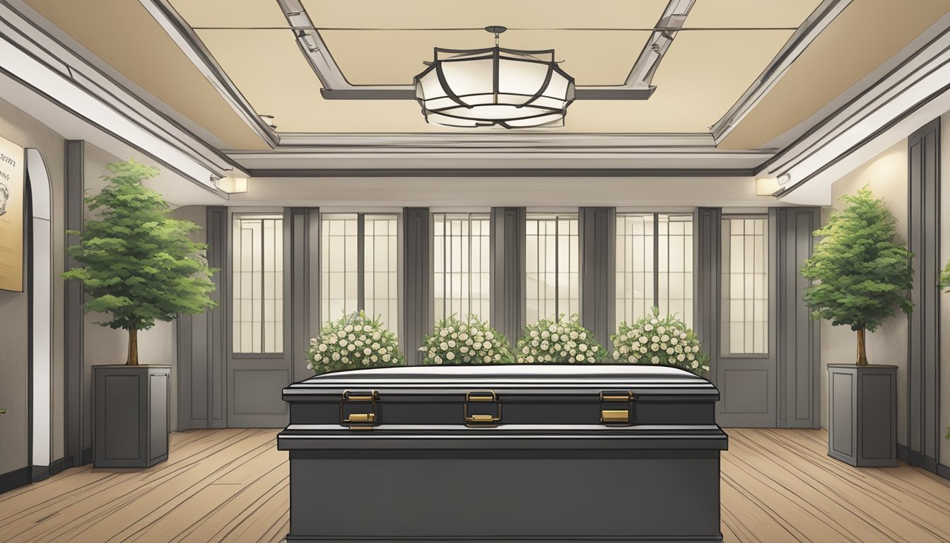 A serene funeral parlor with grief support pamphlets, a comforting atmosphere, and a calendar showing available dates for funeral arrangements in Singapore