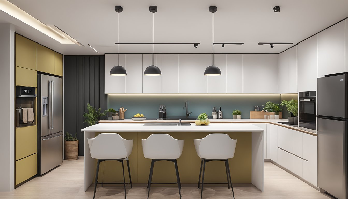 A spacious HDB BTO kitchen with a sleek, custom-designed island featuring built-in storage, a stylish countertop, and modern pendant lighting