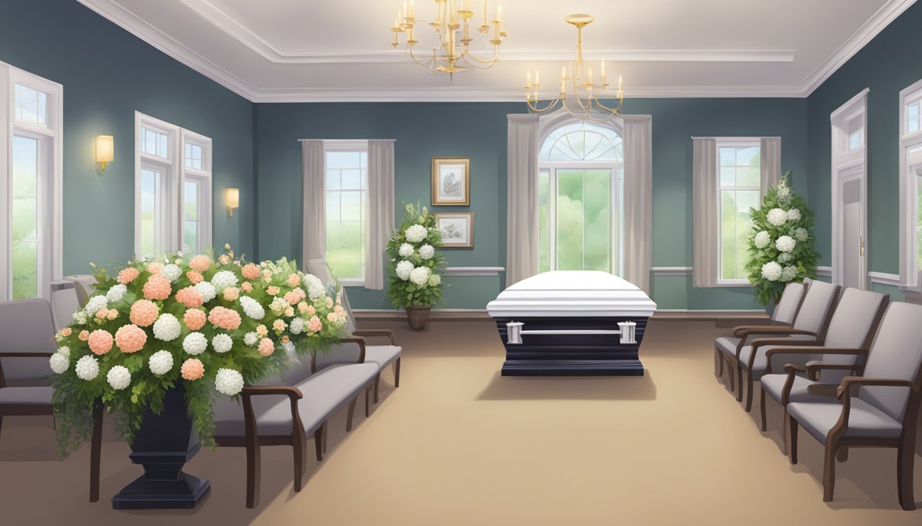A funeral parlour with serene decor, floral arrangements, and comfortable seating. A staff member assists a family with funeral planning paperwork