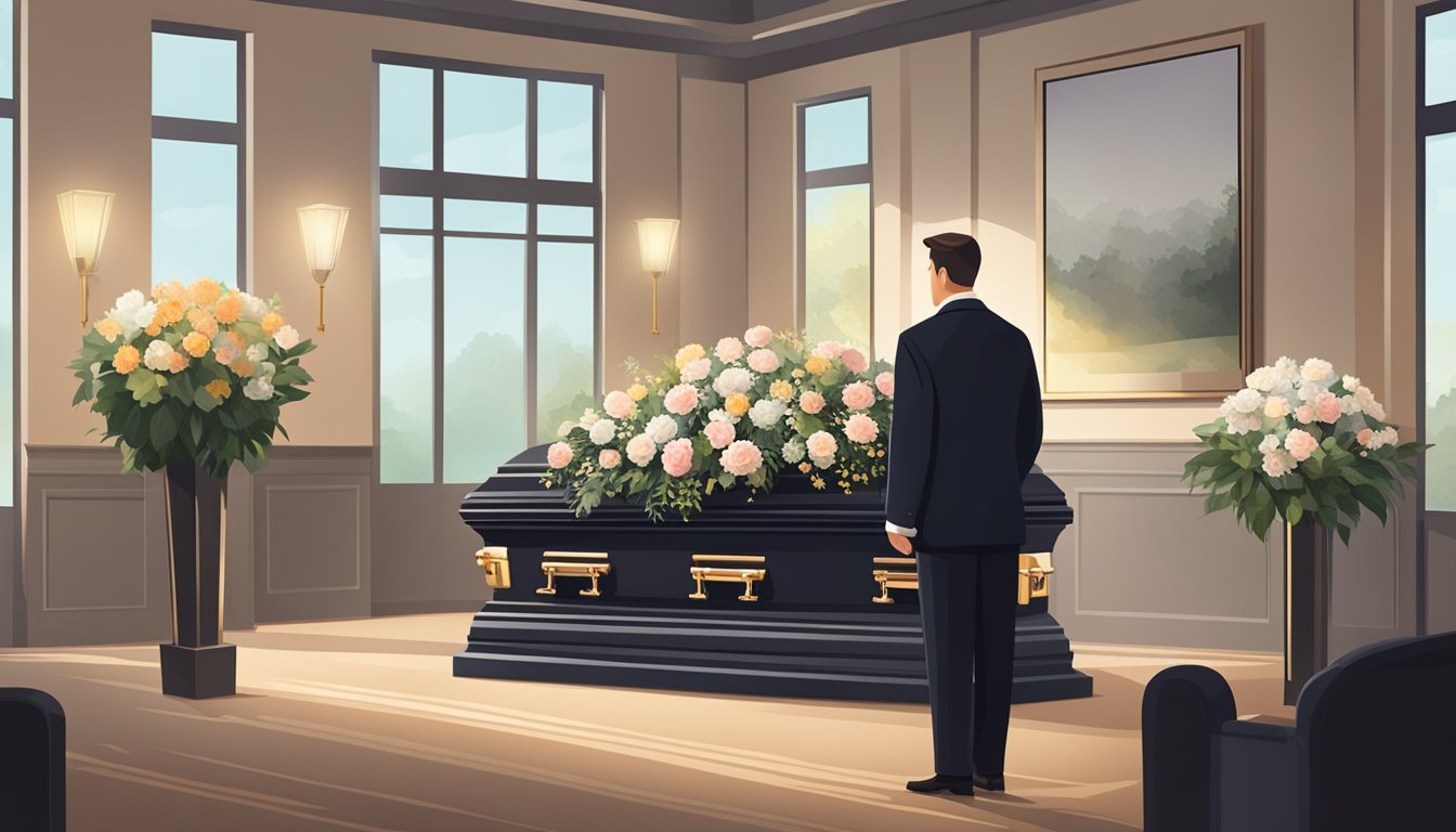 A funeral director organizes flowers, caskets, and service details in a quiet office with soft lighting and somber decor