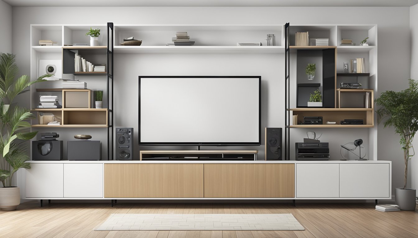 A sleek, modern TV console stands against a white wall, with a large flat-screen TV mounted above. The console has multiple shelves and compartments, neatly organized with various media devices and accessories