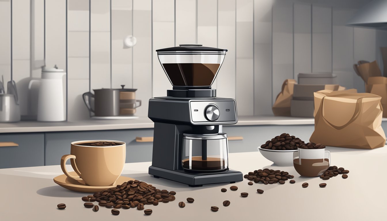 A sleek coffee grinder sits on a clean, modern kitchen counter, surrounded by bags of freshly roasted coffee beans and a steaming cup of coffee