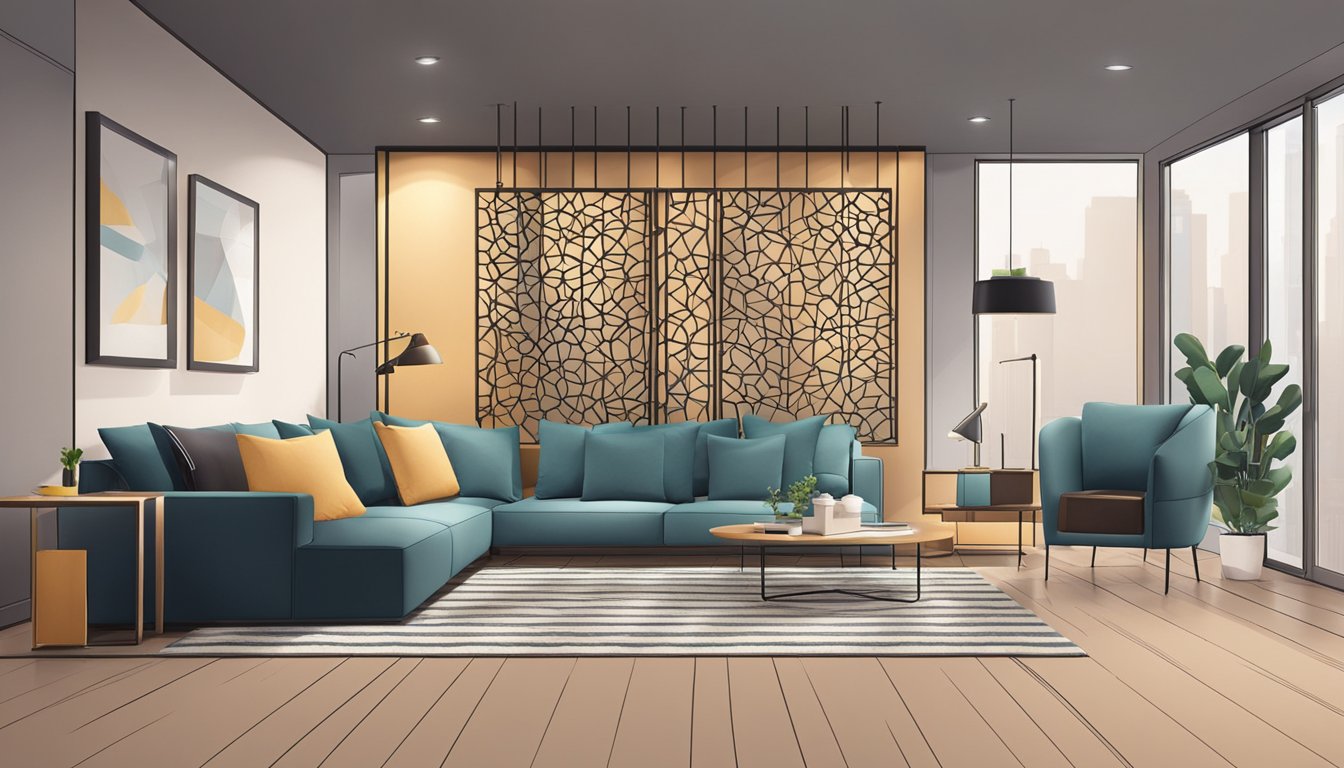 A cozy living room with a stylish room divider separating the space. The divider features a modern design with geometric patterns and sleek materials