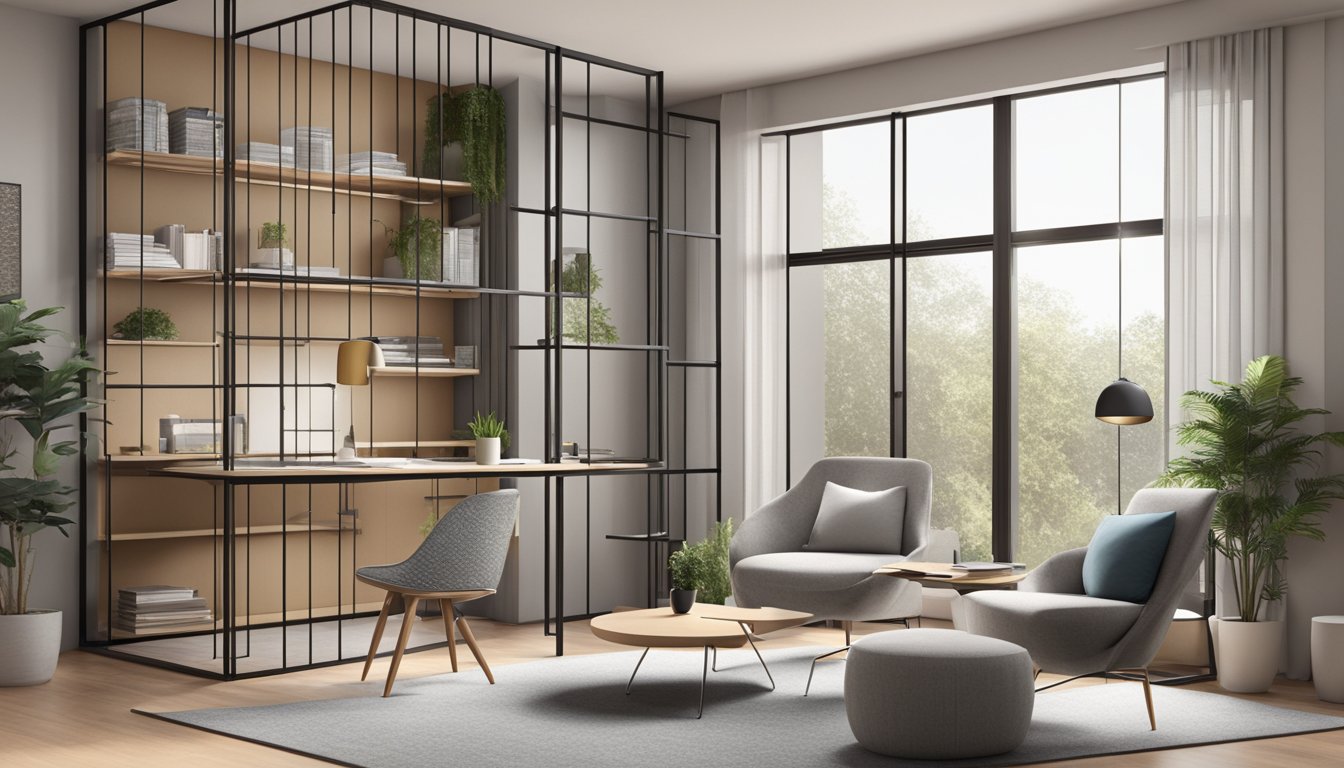 A modern room with a sleek, geometric room divider separating a cozy reading nook from a minimalist workspace. The divider features clean lines and a mix of materials, creating a stylish and functional design