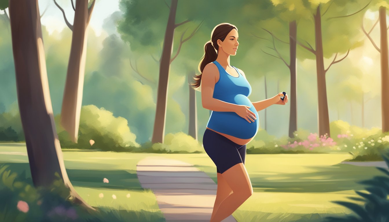 A pregnant woman exercises outdoors, monitoring her heart rate with a fitness tracker. She is surrounded by a peaceful natural setting, with gentle sunlight and a serene atmosphere