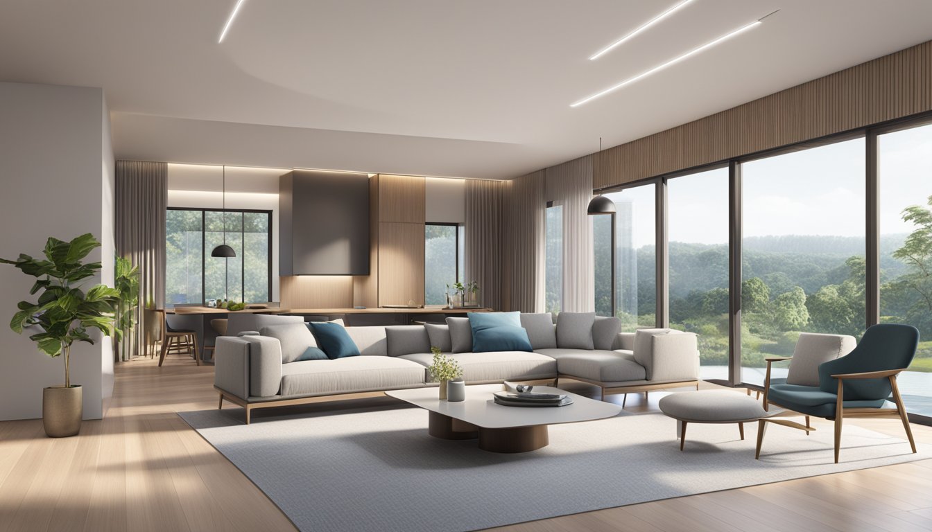 A modern living room with sleek 42 furniture Singapore, clean lines, and a minimalist aesthetic. Light floods in from large windows, illuminating the space