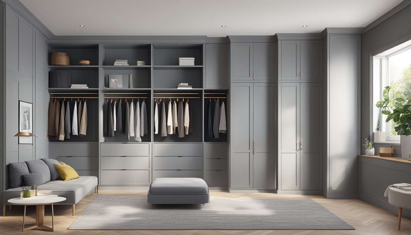 A room with grey built-in wardrobes lining the walls