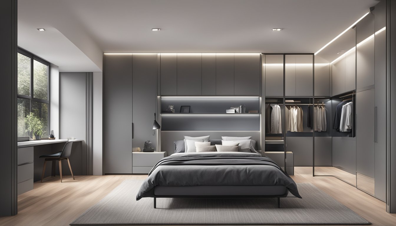 A spacious bedroom with a modern, sleek grey built-in wardrobe against the wall, featuring clean lines, ample storage space, and integrated lighting