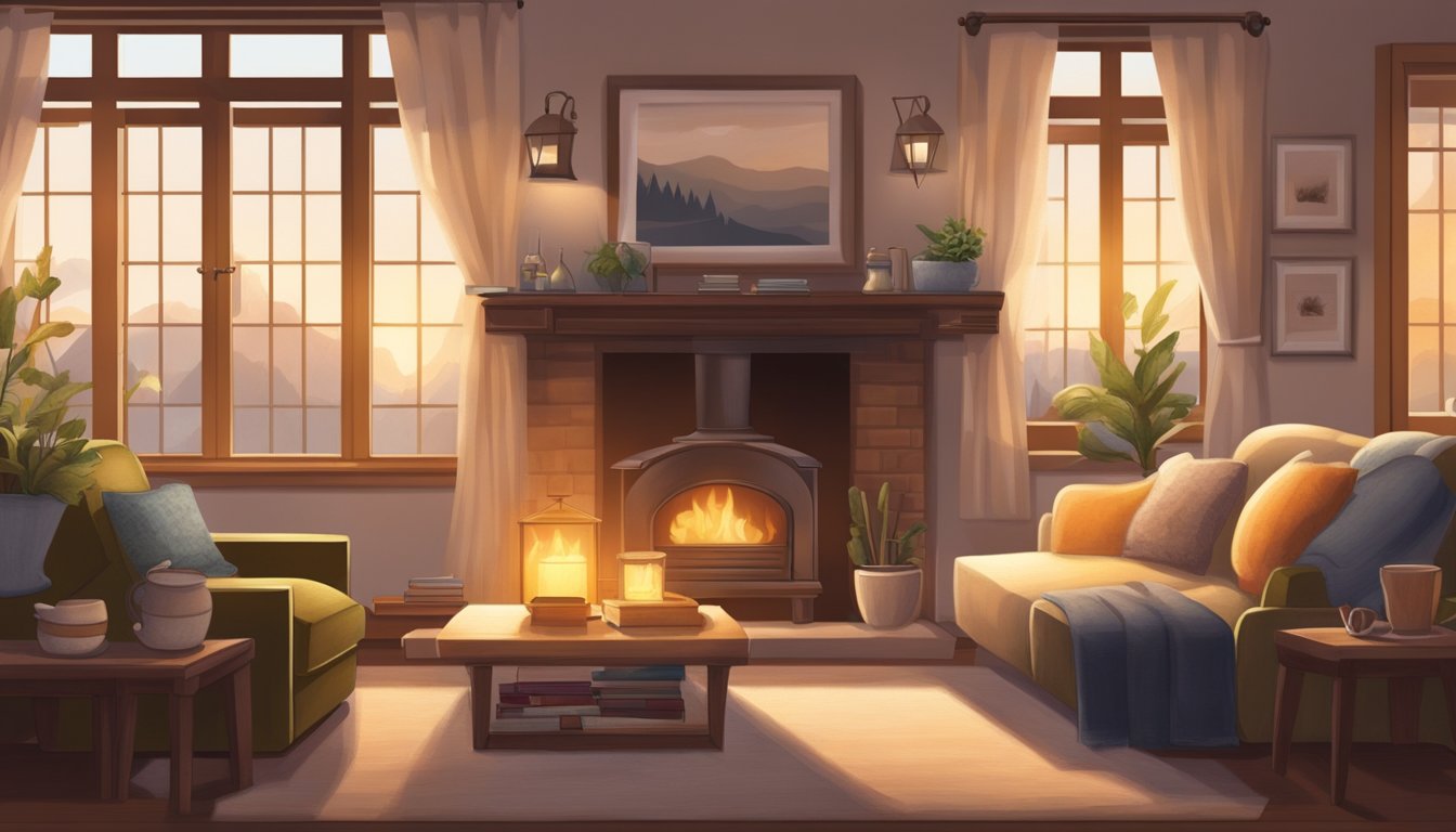 A warm, inviting living room with soft, plush furniture, warm lighting, and a crackling fireplace. Textured throws, fluffy pillows, and a steaming cup of tea complete the cozy atmosphere