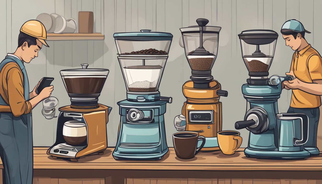 Customers browsing online for coffee grinders, with various options and prices displayed. FAQ section visible with common inquiries answered