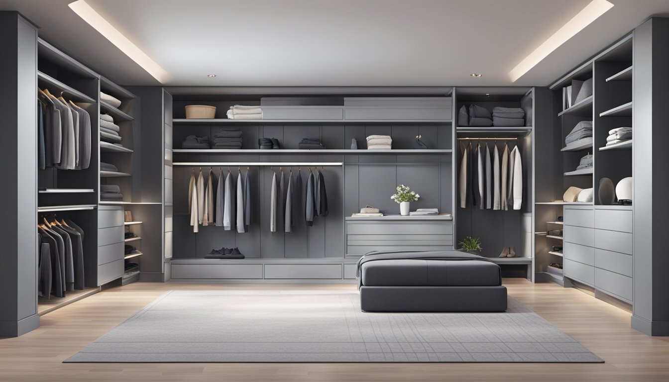 A spacious room with sleek, grey built-in wardrobes lining the walls, neatly organized with clothing and accessories
