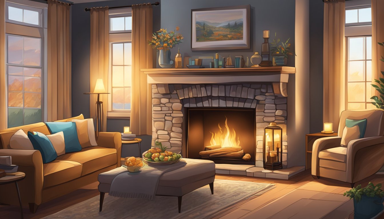 A crackling fireplace warms a room with soft lighting, plush blankets, and comfortable seating, creating a cozy ambience