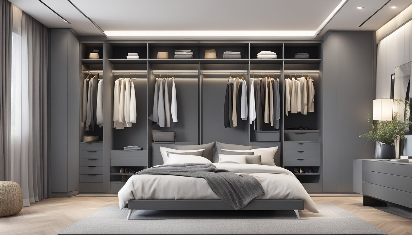 A spacious bedroom with a sleek and modern grey built-in wardrobe. The wardrobe doors are closed, and the room is well-lit with natural light